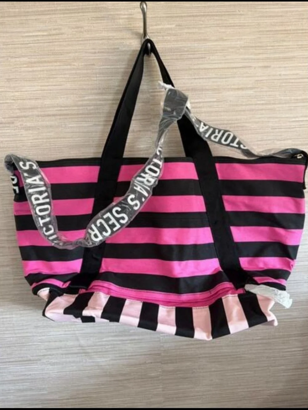 Victoria's Secret Hot Pink and Black Striped Tote